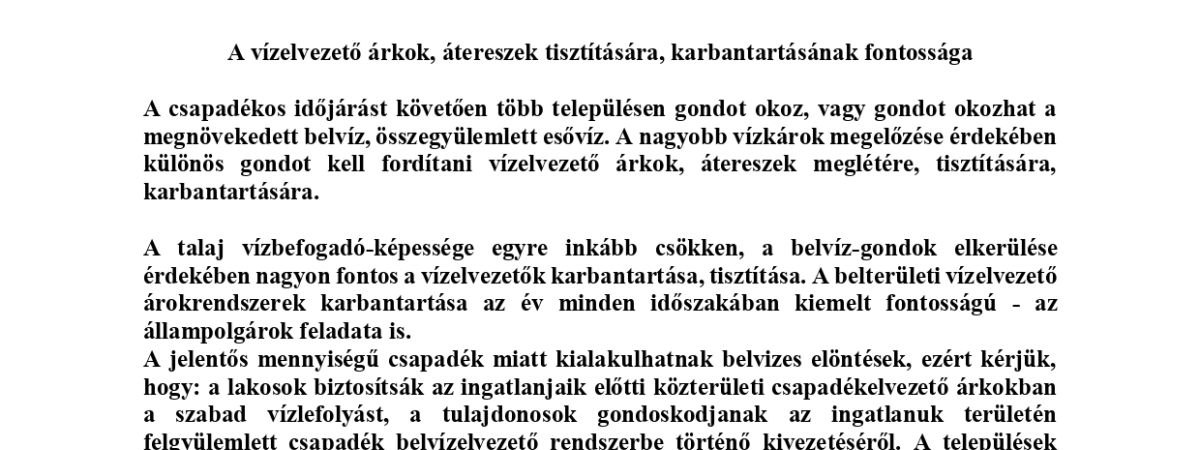 Tájékoztató vízelvezető rendszerek medrének tisztításával kapcsolatosan