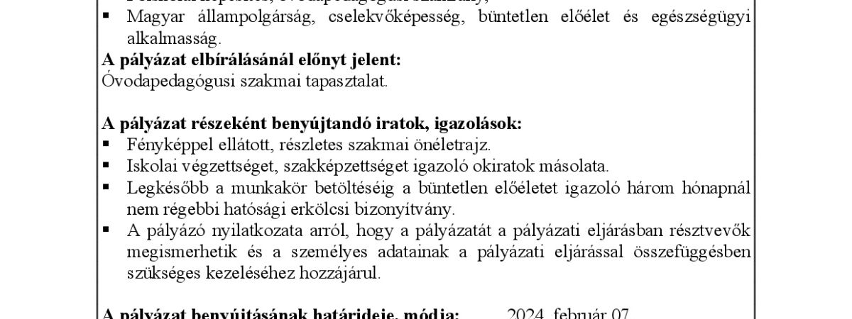 Pályázat - Óvodapedagógus munkakörre