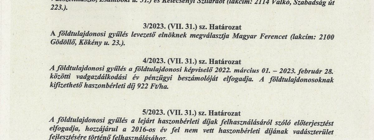 Pilisi Parkerdő Zrt. hirdetménye - határozatok kifüggesztése