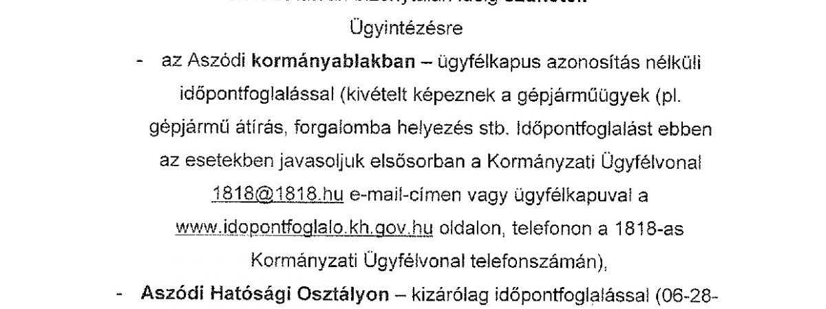 Aszódi Járási Hivatal közleménye